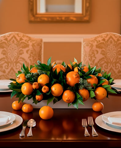 Centro de Mesa con Naranjas y Mandarinas Hechas a Mano Pintadas al Óleo en Base Tipo Cantera