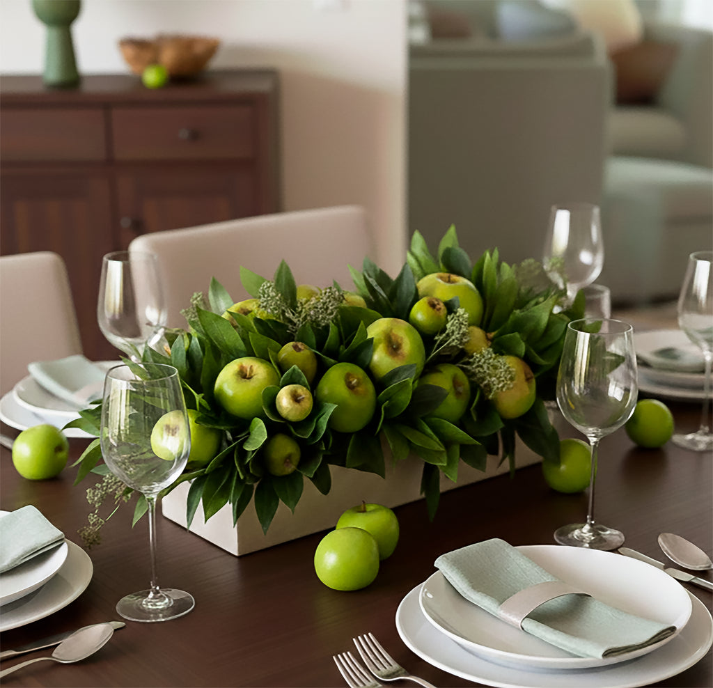 Centro de Mesa con Manzanas Hechas a Mano Pintadas al Óleo en Base Tipo Cantera