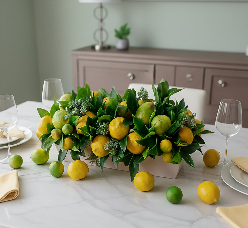 Centro de Mesa con Limones Combinados Hechos a Mano Pintados al Óleo en Base Tipo Cantera - Martha Sophia