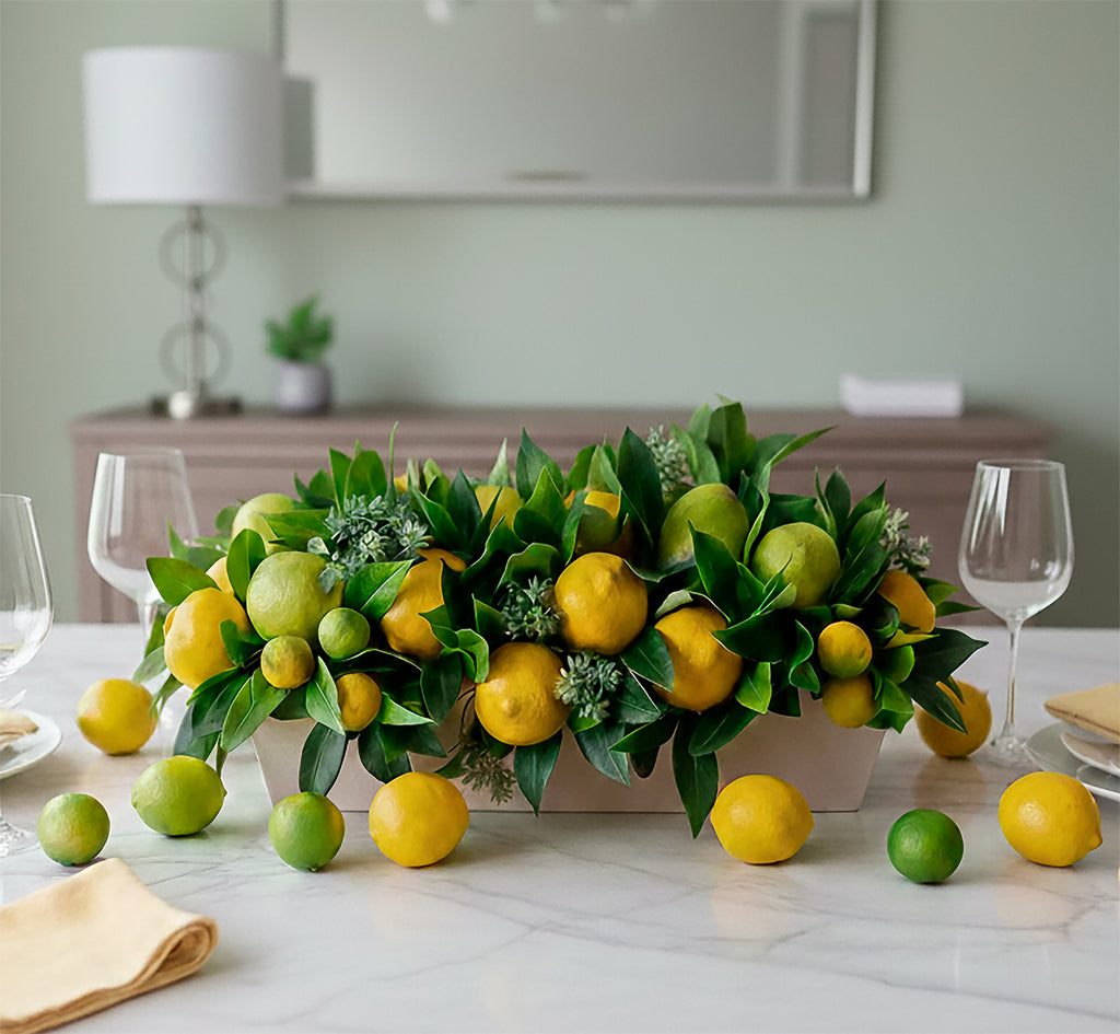 Centro de Mesa con Limones Combinados Hechos a Mano Pintados al Óleo en Base Tipo Cantera - Martha Sophia