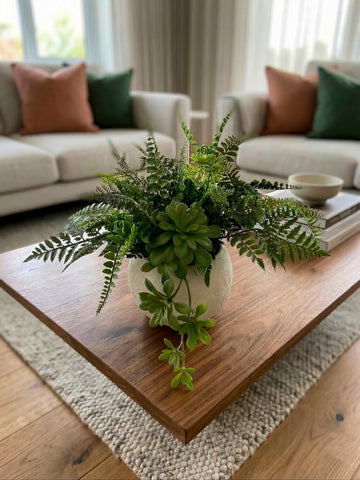 Suculentas con Helechos Artificiales en Base Cantera