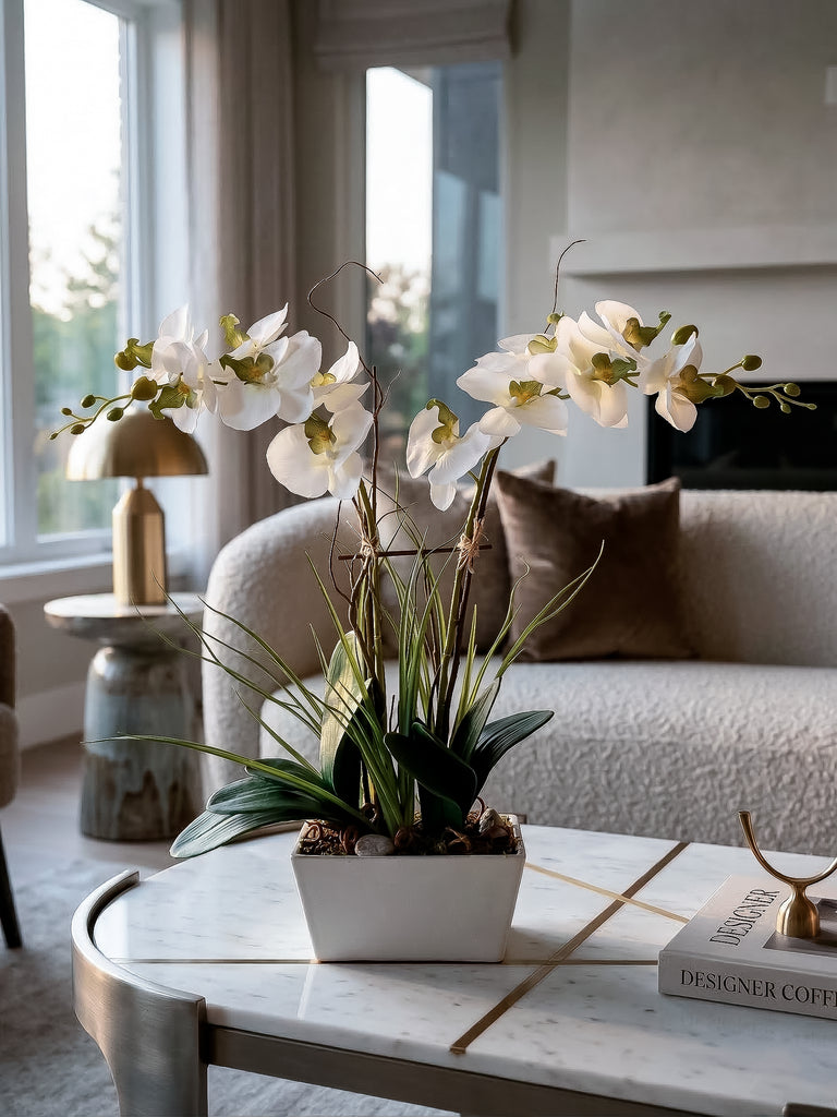Orquideario con Dos Phalaenopsis y Follajes Artificiales en Base Rectangular
