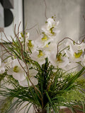 Orquideario 3/4 con Phalaenopsis Blancas y Follajes Artificiales en Florero de Vidrio con Agua Acrílica