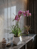 Orquideario con Phalaenopsis Rosa y Follajes Artificiales en Base Cantera