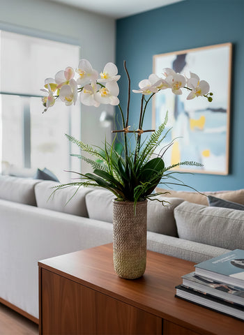 Orquideario con Dos Phalaenopsis y Follajes Artificiales en Base Cantera - Martha Sophia