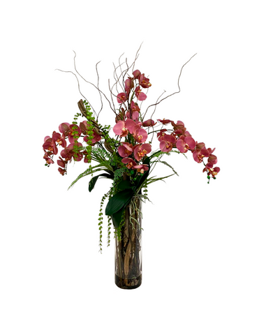 Orquideario con Phalaenopsis Rosa y Follajes Artificiales en Florero de Vidrio con Agua Acrílica