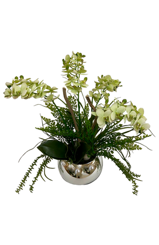 Orquideario con Mini Phalaenopsis Verde Artificial en Base de Vidrio Tipo Espejo