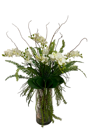 Orquideario con Mini Phalaenopsis Blanca y Follajes Artificiales en Cilindro de Vidrio con Agua Acrílica