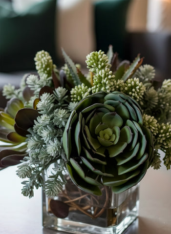 Arreglo con Variedad de Suculentas Artificiales en Base Cuadrada con Agua Acrílica - Martha Sophia